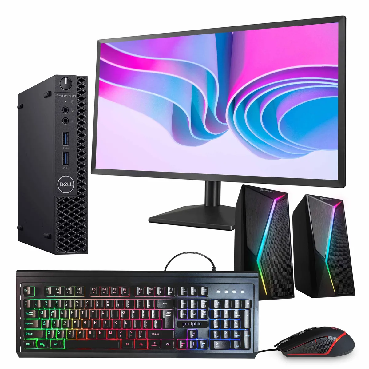 Black Dell OptiPlex 3060 Mini PC with 24 inch monitor, RGB speaker, keyboard and mouse