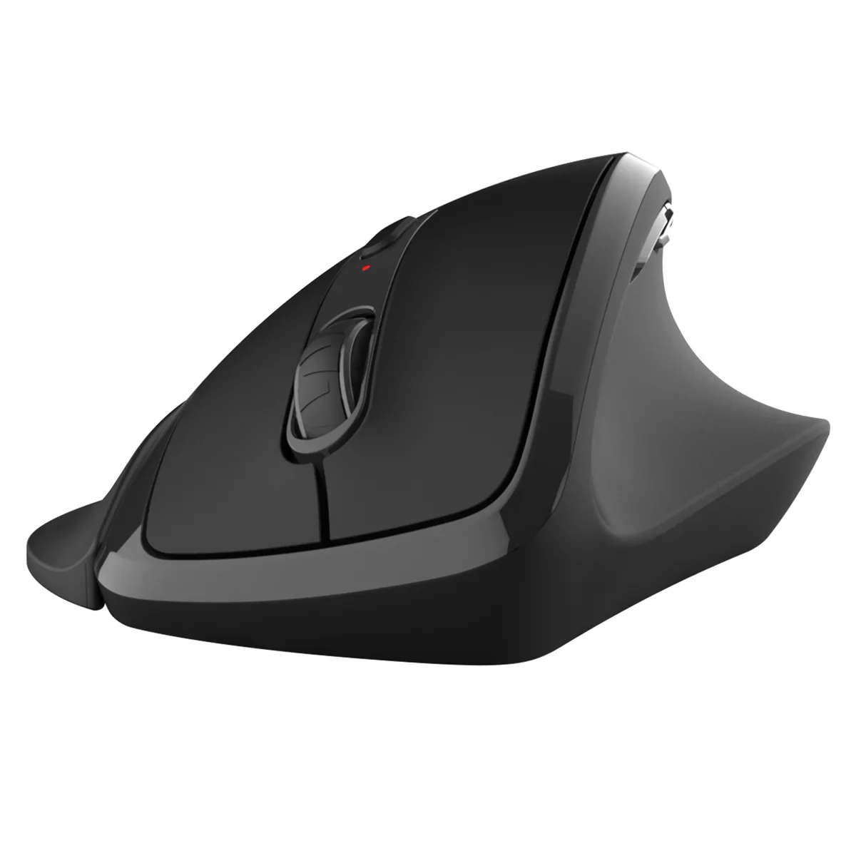 Large black vertical ergonomic mouse with thumb rest and USB dongle, right-hand shape