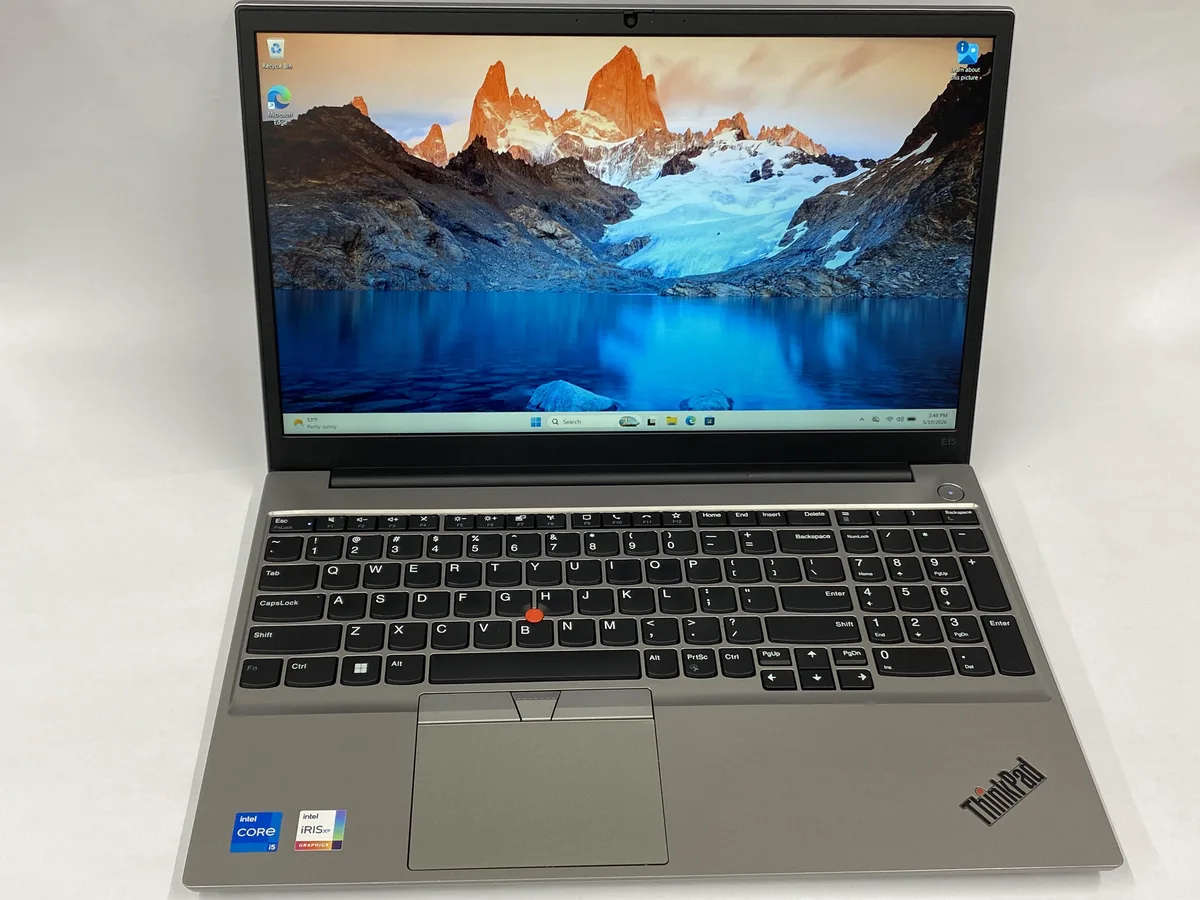 Silver Lenovo E15 laptop, 15 inch non-touch screen, charger included