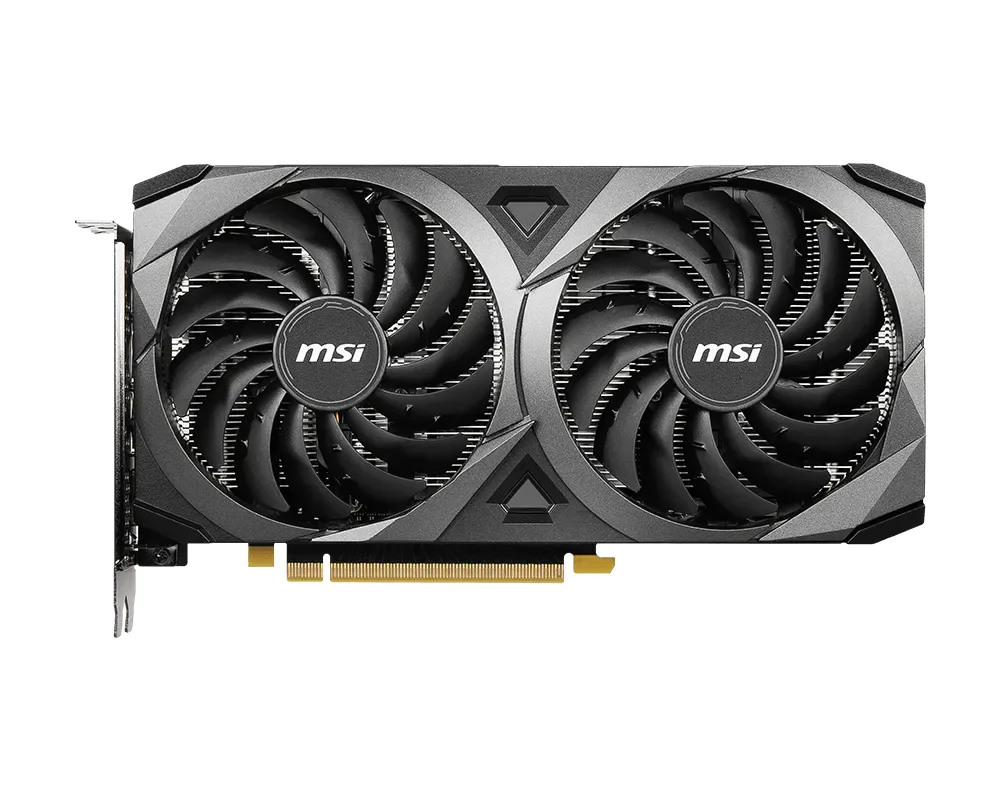 Black dual-fan graphics card with silver accents and backplate