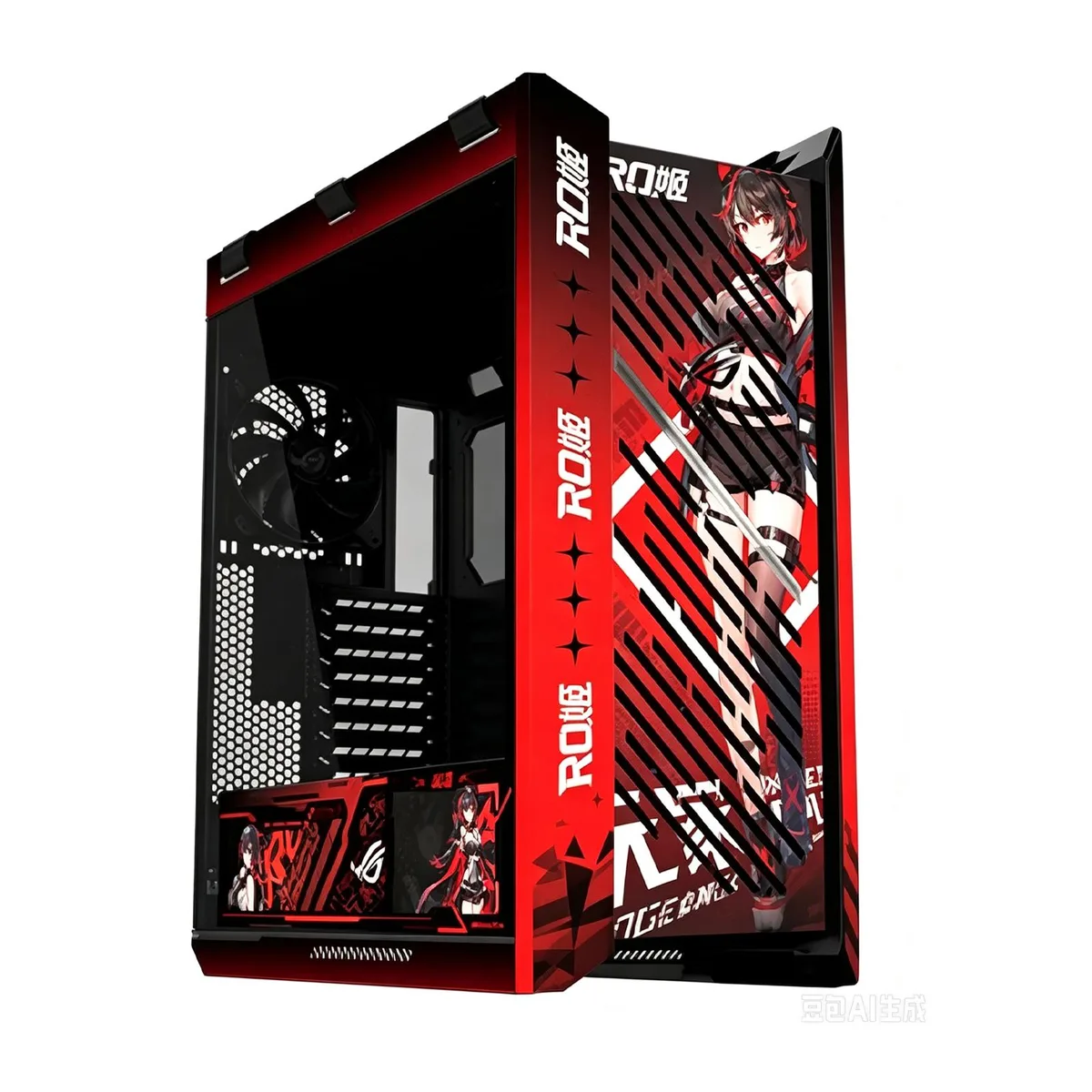 Red mid-tower case with tempered glass front and side panels, aluminum alloy grille and four pre-installed 140 mm fans