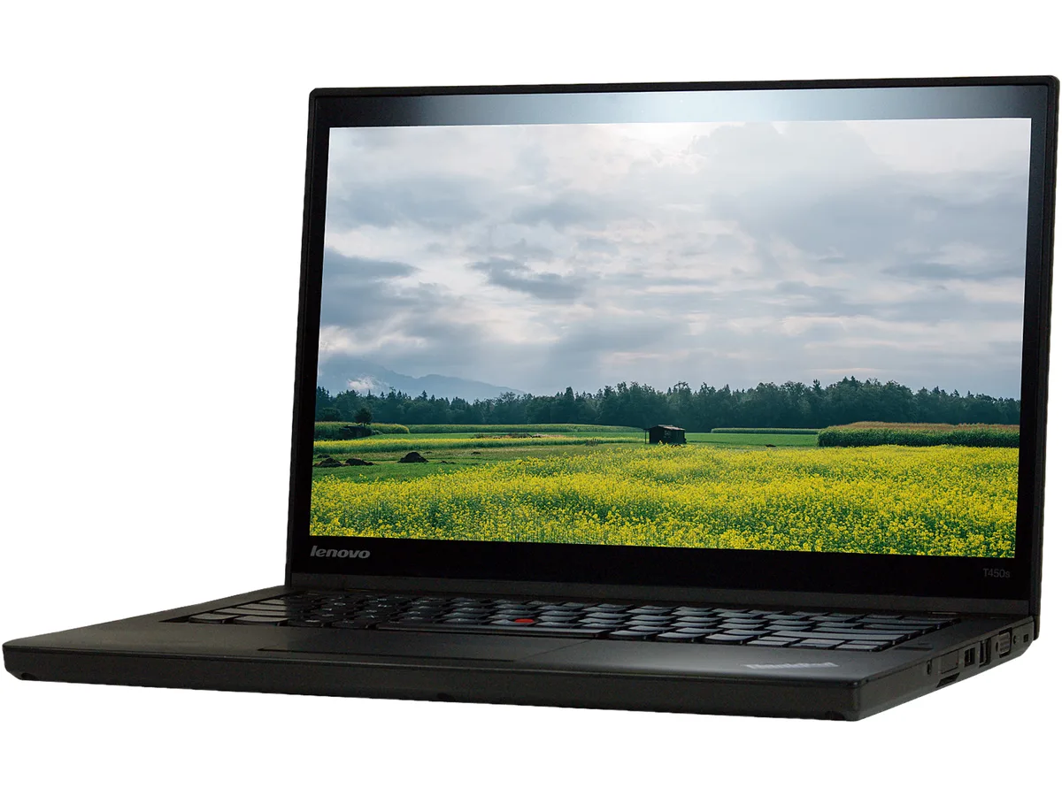 Gray Lenovo T450S business laptop, 14 inch non-touch screen, no webcam