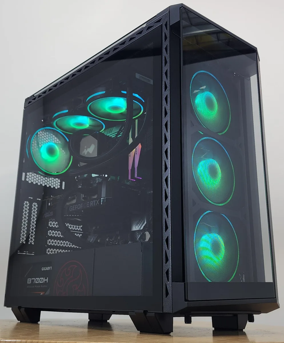 White mid-tower case with RGB liquid cooler and graphics card visible through glass side panel