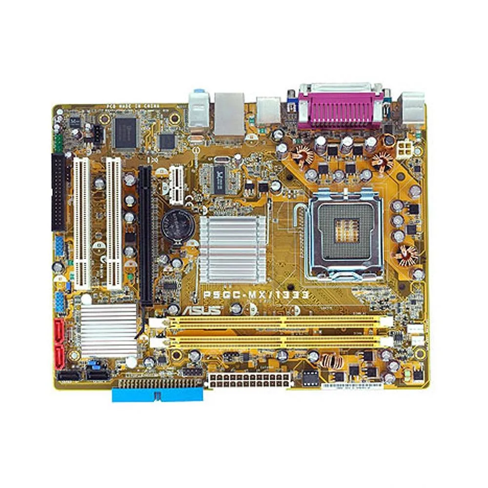 Green rectangular Micro ATX motherboard with silver LGA 775 socket, blue DDR2 slots and black SATA ports