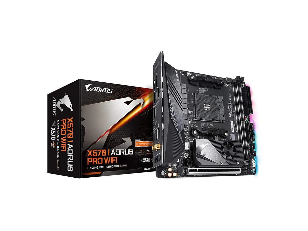Compact ITX motherboard with black PCB and silver heatsinks, AM4 socket, I/O shield included