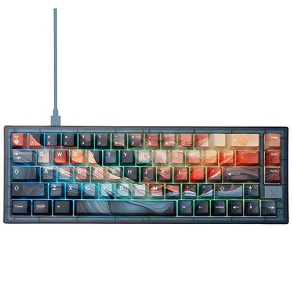 Compact 65% mechanical keyboard with red switches and matching mouse pad, dark themed design