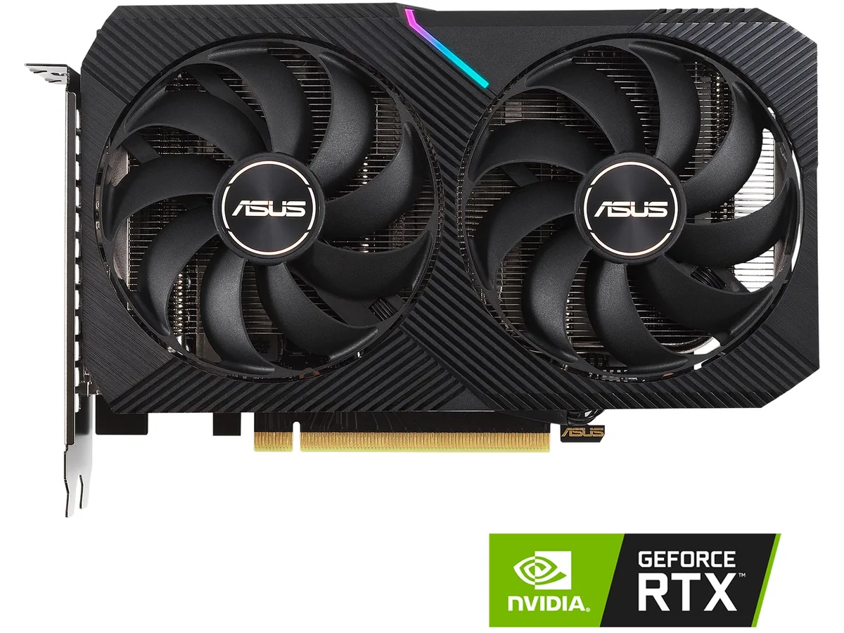 ASUS Dual RTX 3060 Ti Mini graphics card with two axial fans and silver backplate