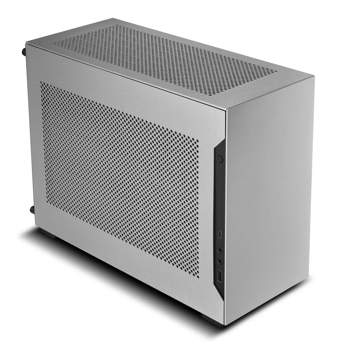 Silver Mini-ITX case with aluminum panels and perforated sides