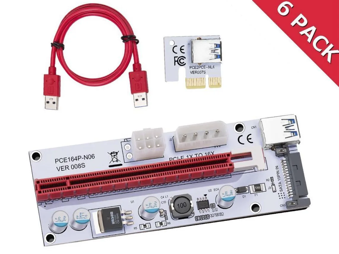 Corn Electronics Corn Electronics 6-Pack PCIe 1x to 16x Riser Card 60cm USB 3.0 4 Solid Capacitors LED Fuse — 제품 사진