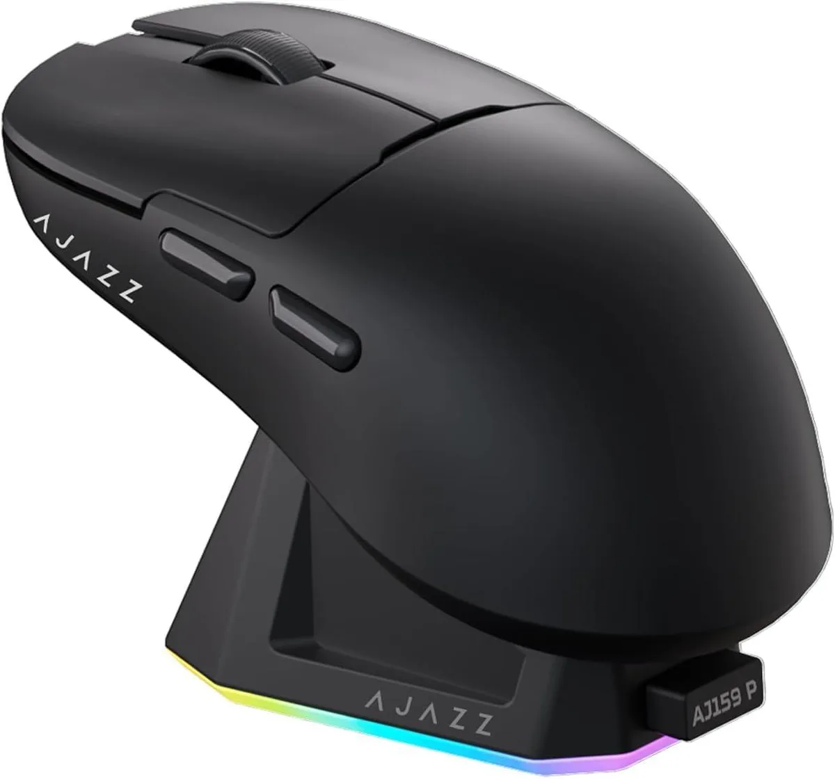 Black lightweight gaming mouse with magnetic RGB charging dock, 16 buttons, optical sensor
