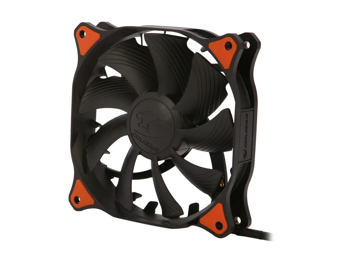 Black 120mm case fan with turbine blades and anti-vibration pads