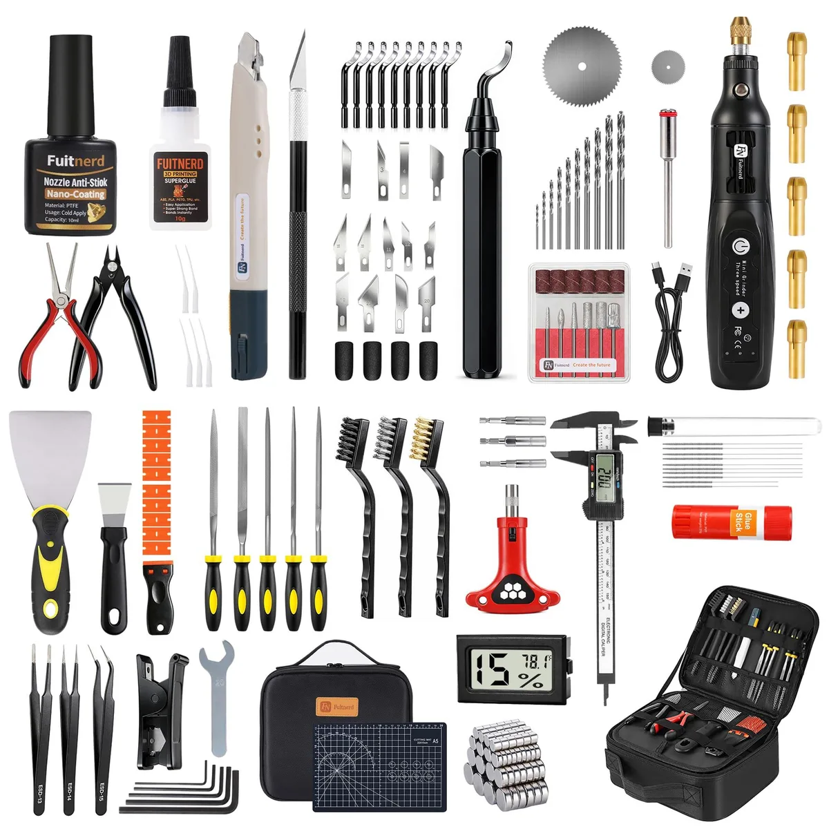 Black four-layer slotted case holding 141-piece 3D printer tool kit