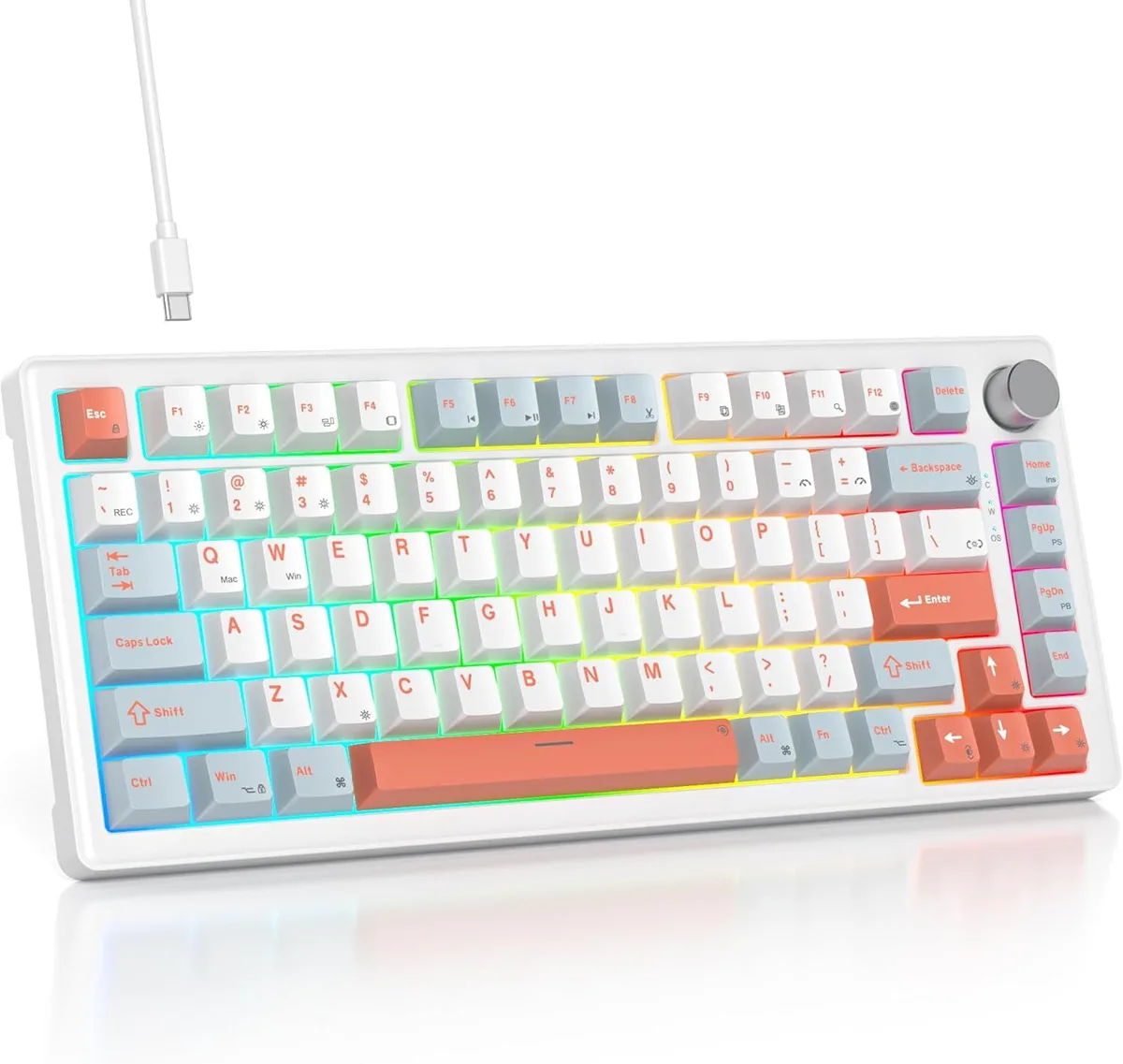 TUKO TUKO V500 75% Gasket Mechanical Gaming Keyboard with Knob, Hot-Swappable, Salmon/White — product photo