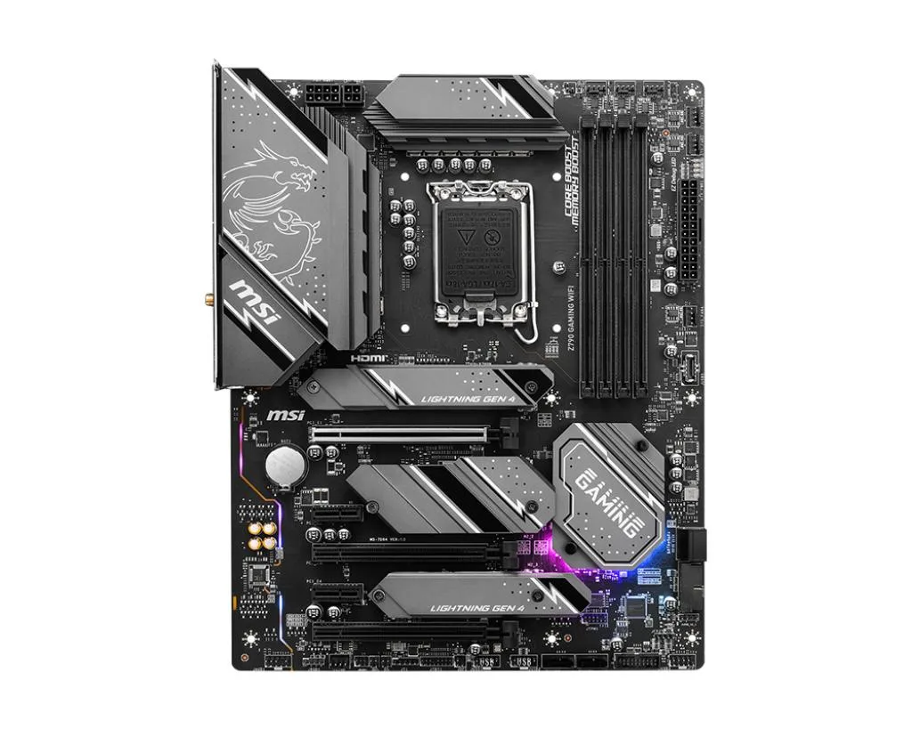 ATX motherboard in dark finish with silver heatsinks and rear I/O shield