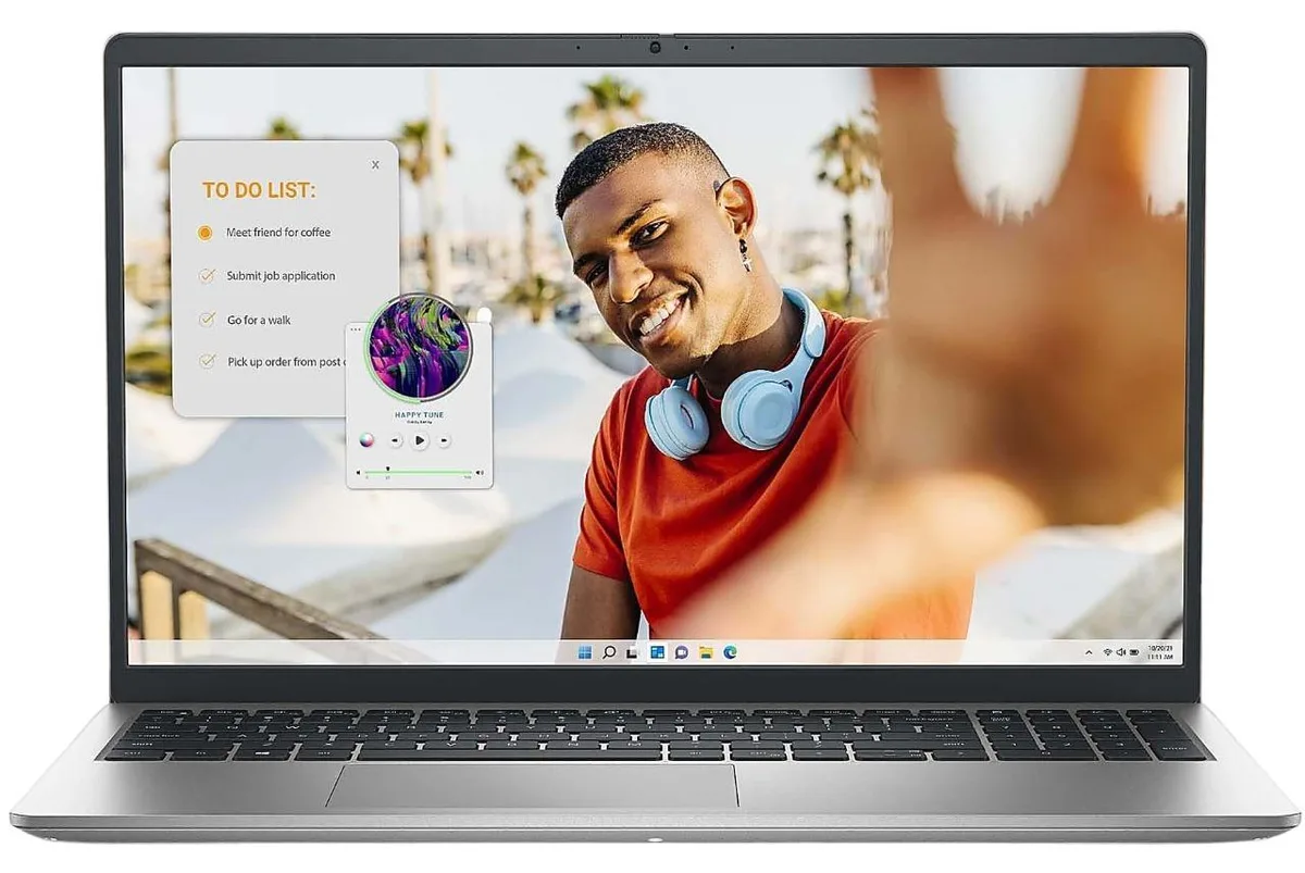 Silver laptop with 15.6 inch screen and flat keyboard