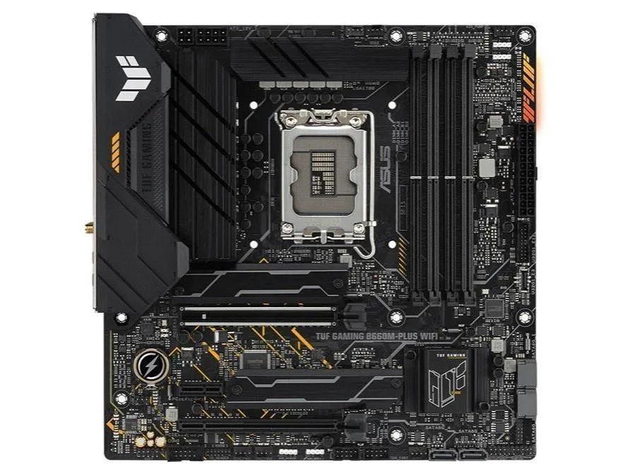 ASUS TUF Gaming B660M-PLUS WIFI micro-ATX motherboard in dark finish with heatsinks and rear I/O shield
