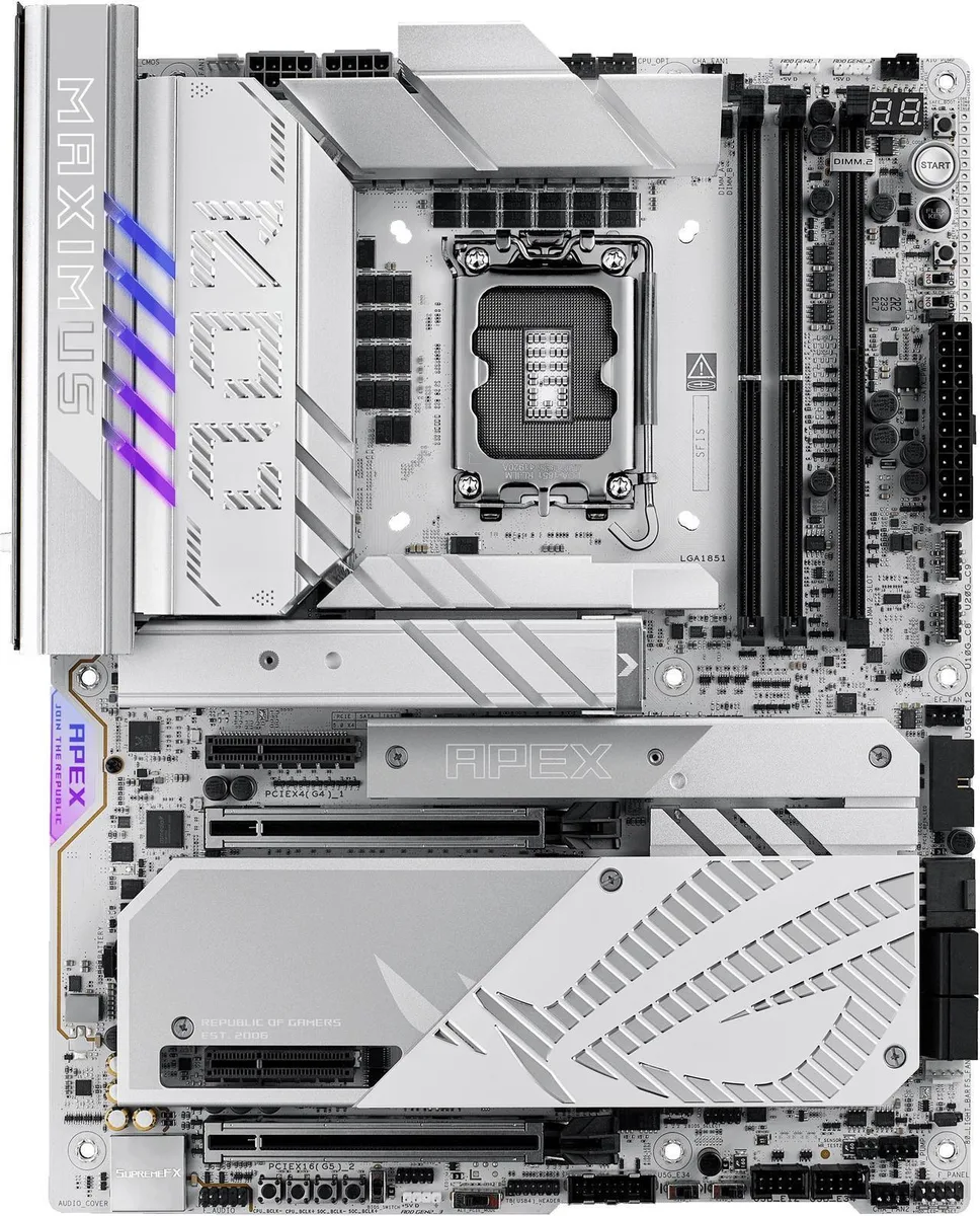 Black ATX motherboard with silver heatsinks and LGA 1851 socket