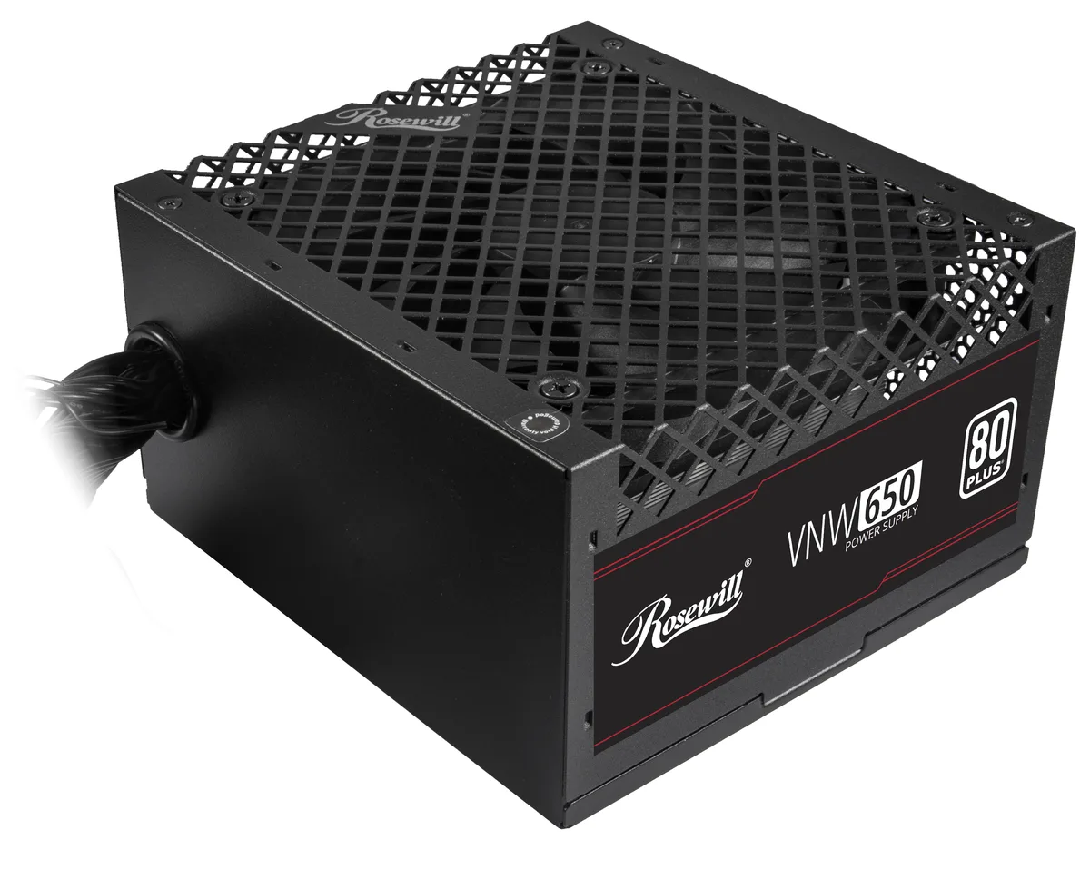 Rectangular steel power supply unit with matte black finish, 120 mm fan grille, fixed cable bundle visible, compact 140 mm depth
