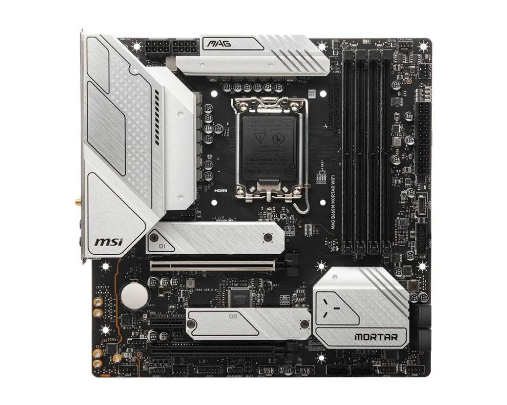 Micro-ATX motherboard with black heatsinks and silver I/O shield