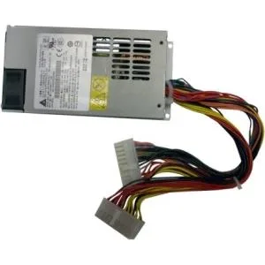Rectangular metal power supply unit with ventilation grilles and rear connector panel