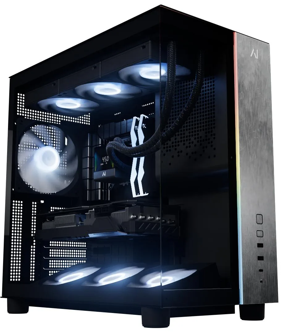Black mid-tower gaming desktop with liquid cooling and RGB lighting
