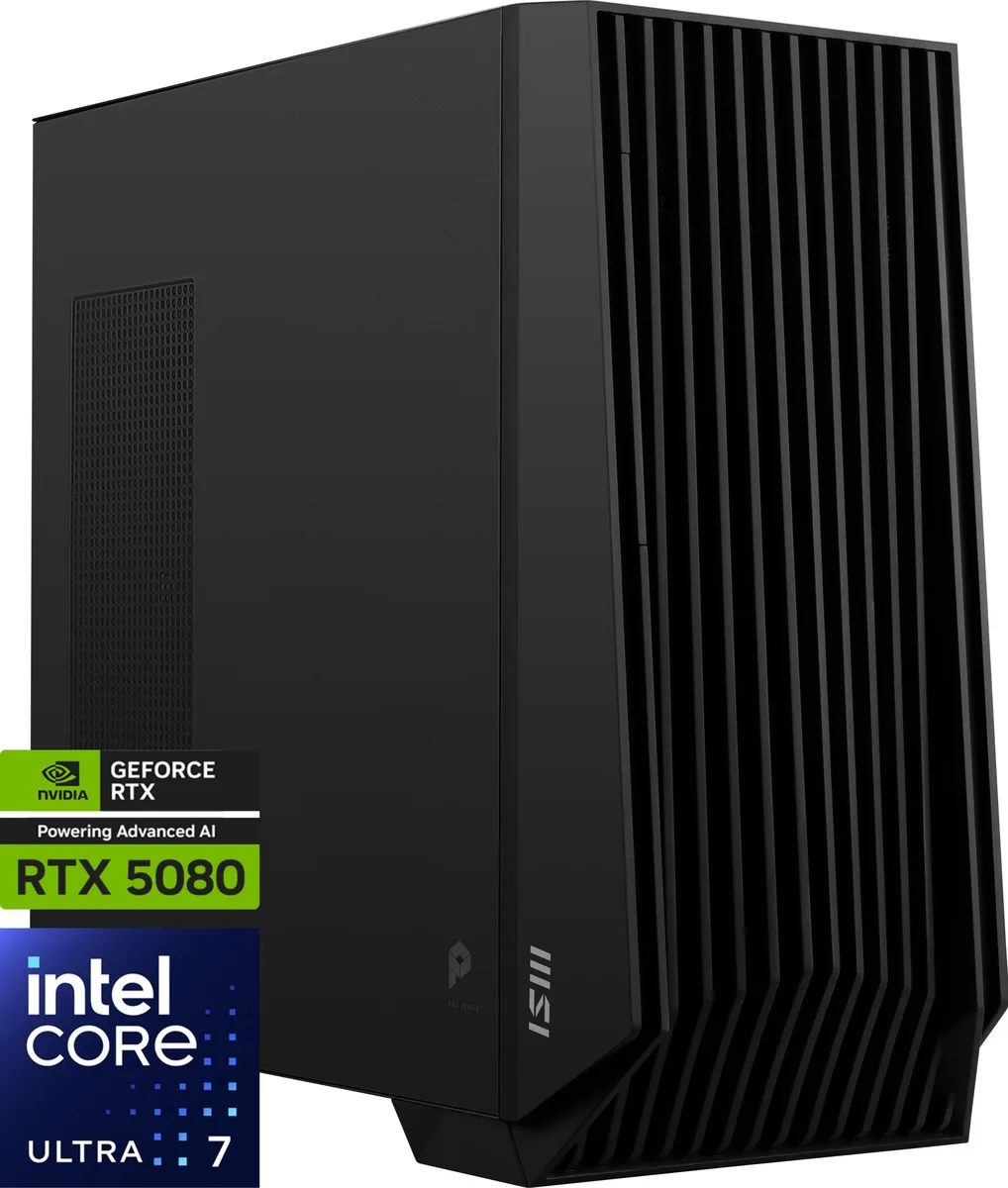Black full-tower desktop with wireless keyboard and mouse