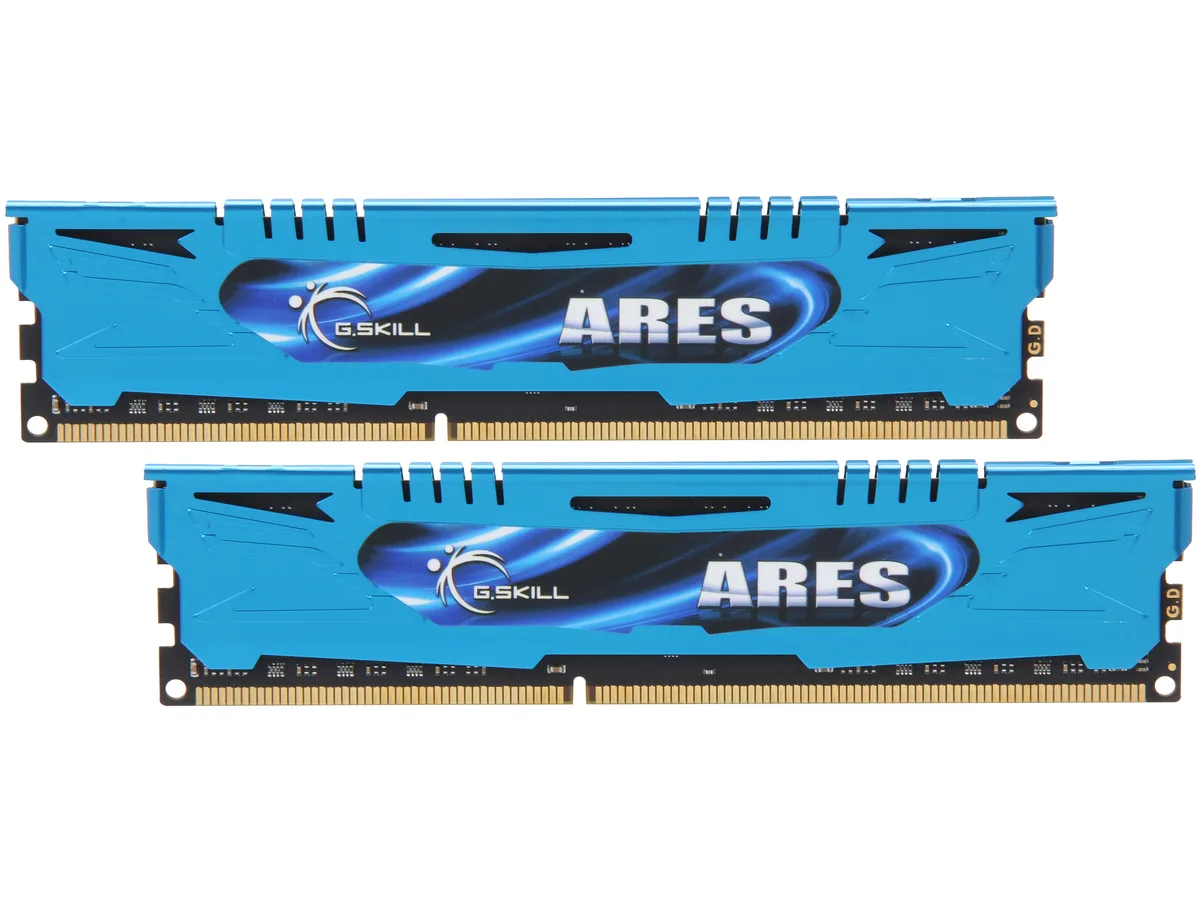 Two blue low-profile DDR3 modules with heat spreaders, 3.2cm tall
