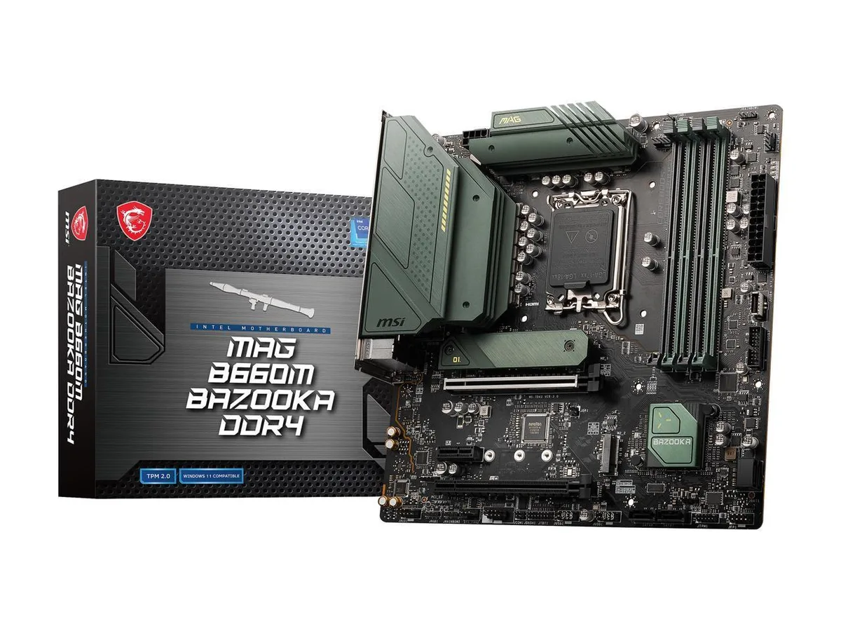Black micro-ATX motherboard with silver heatsinks and pre-installed I/O shield