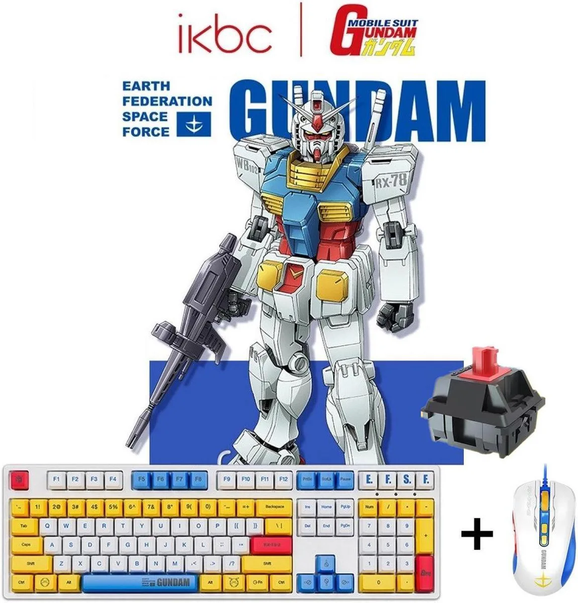 White and blue full-size mechanical keyboard with matching wired optical mouse, Gundam RX-78-2 themed