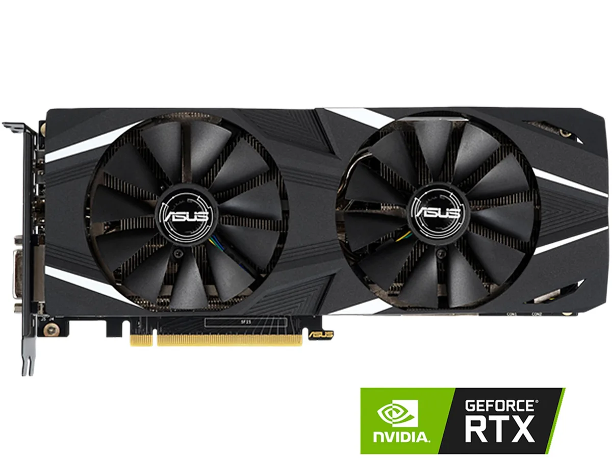 ASUS Dual GeForce RTX 2060 graphics card with silver metal shroud, two axial fans, 2.7-slot thickness and backplate