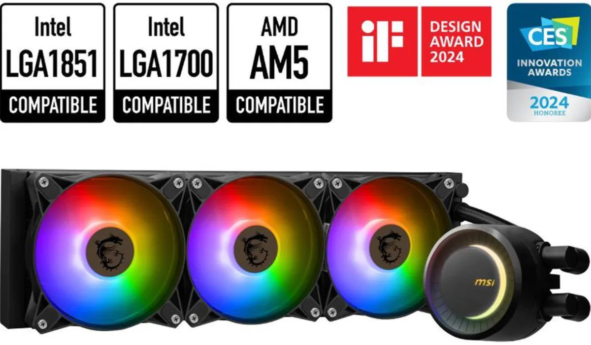 Black AIO liquid cooler with 360mm radiator, three 120mm ARGB fans, rotatable pump cap, black rubber tubes