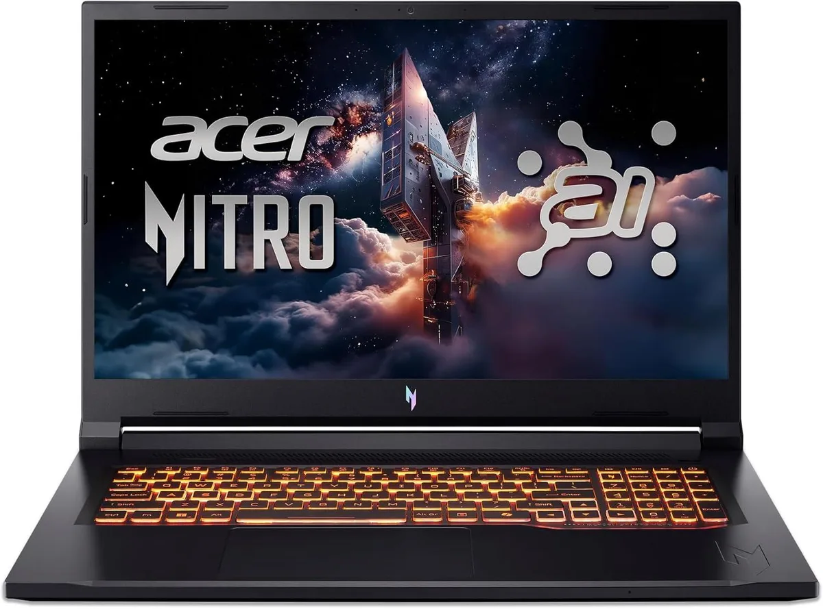 Black 17.3 inch gaming laptop with thin bezels and backlit keyboard