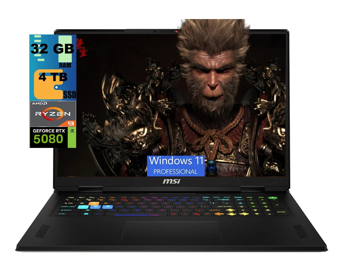 Gray 18 inch gaming laptop with thin bezels and per-key RGB keyboard
