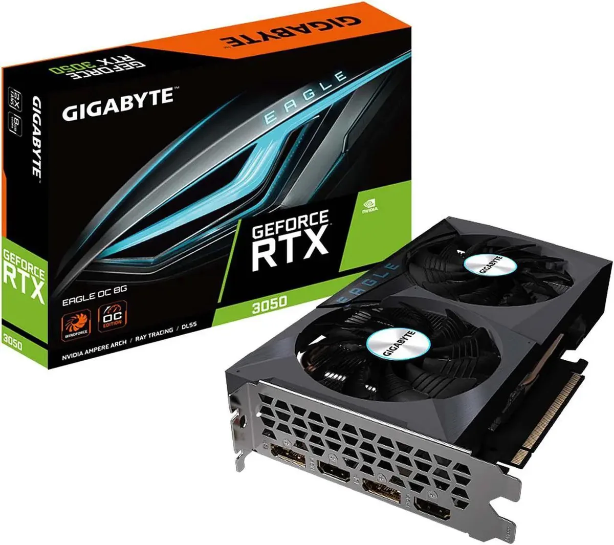 Dual-fan graphics card with silver shroud and protective backplate