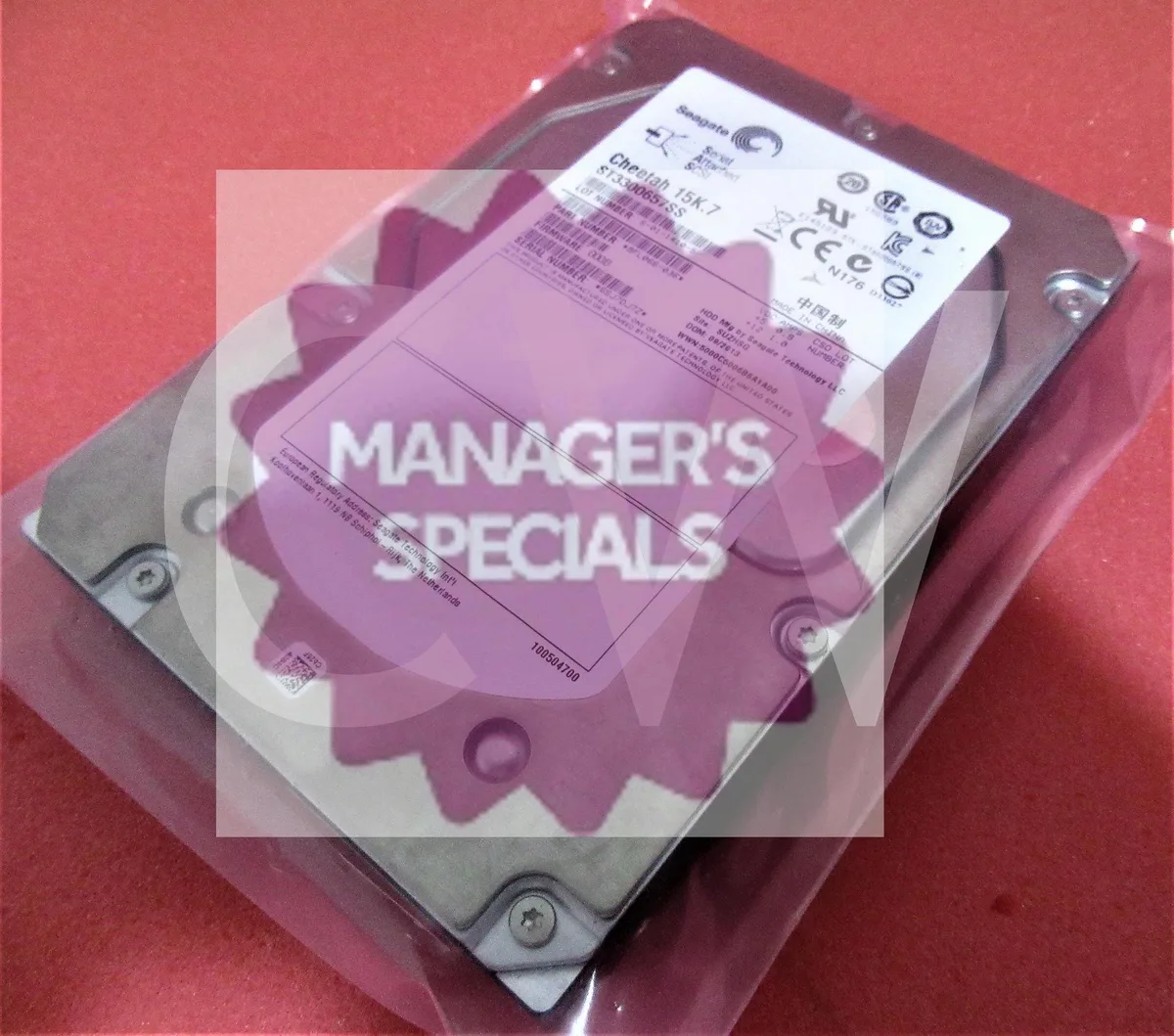 Silver 3.5 inch SAS hard drive with label showing model ST3300657SS