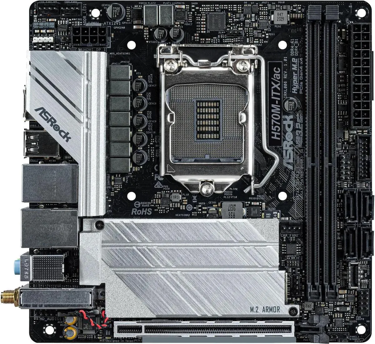 ASRock H570M-ITX/AC Mini-ITX motherboard with black PCB and silver heatsinks