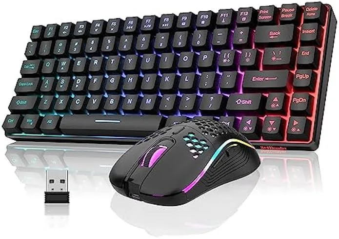 Black 75% 84-key wireless keyboard with rainbow backlight and lightweight honeycomb mouse
