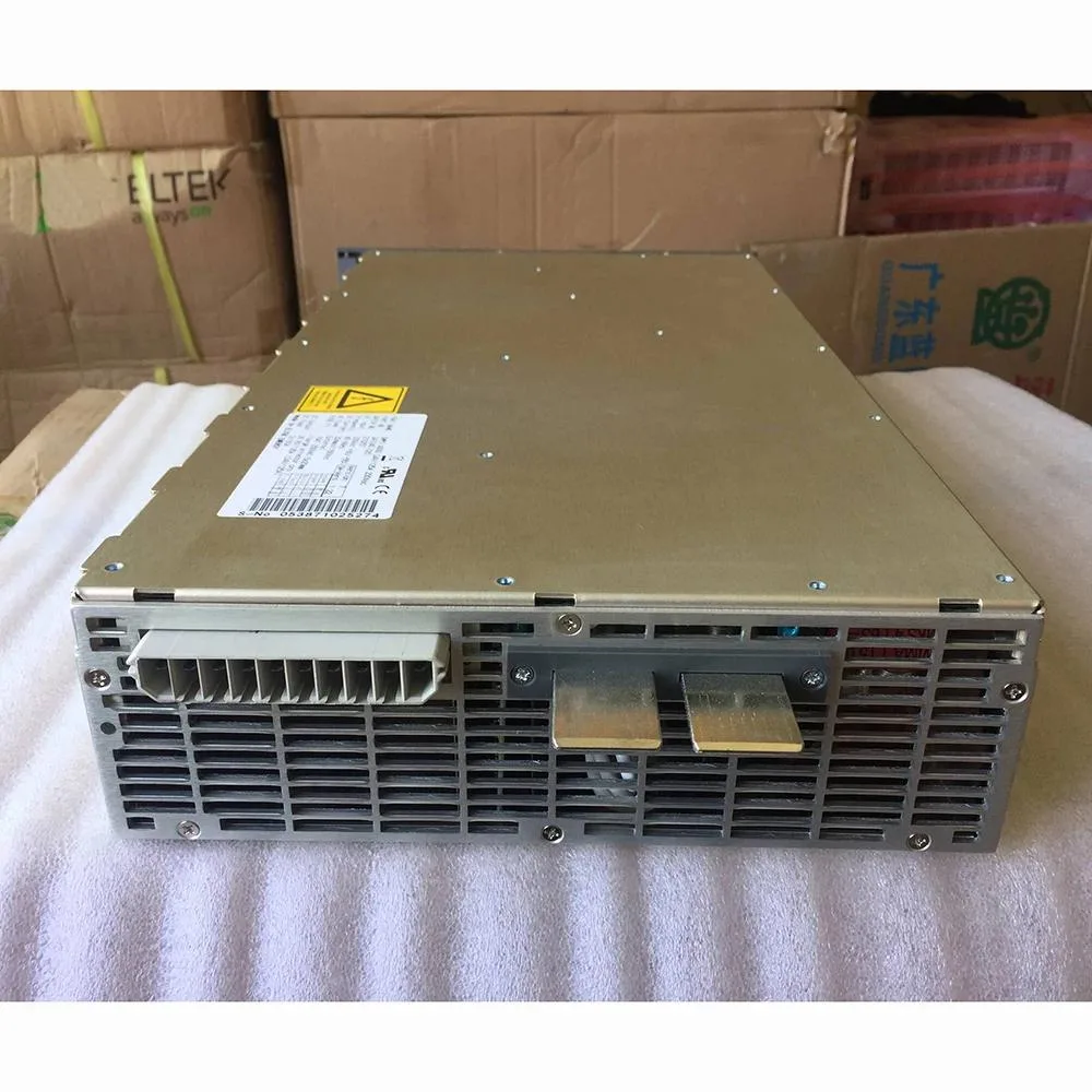 Rectangular metal power supply unit, silver finish, ventilation grilles, front terminals and label