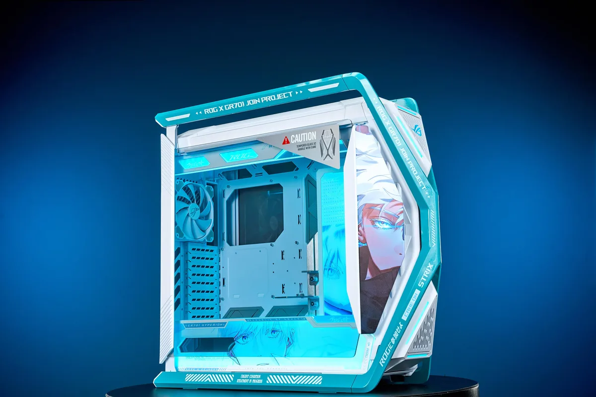 Full-tower case with Jujutsu Kaisen artwork on tempered glass side panels