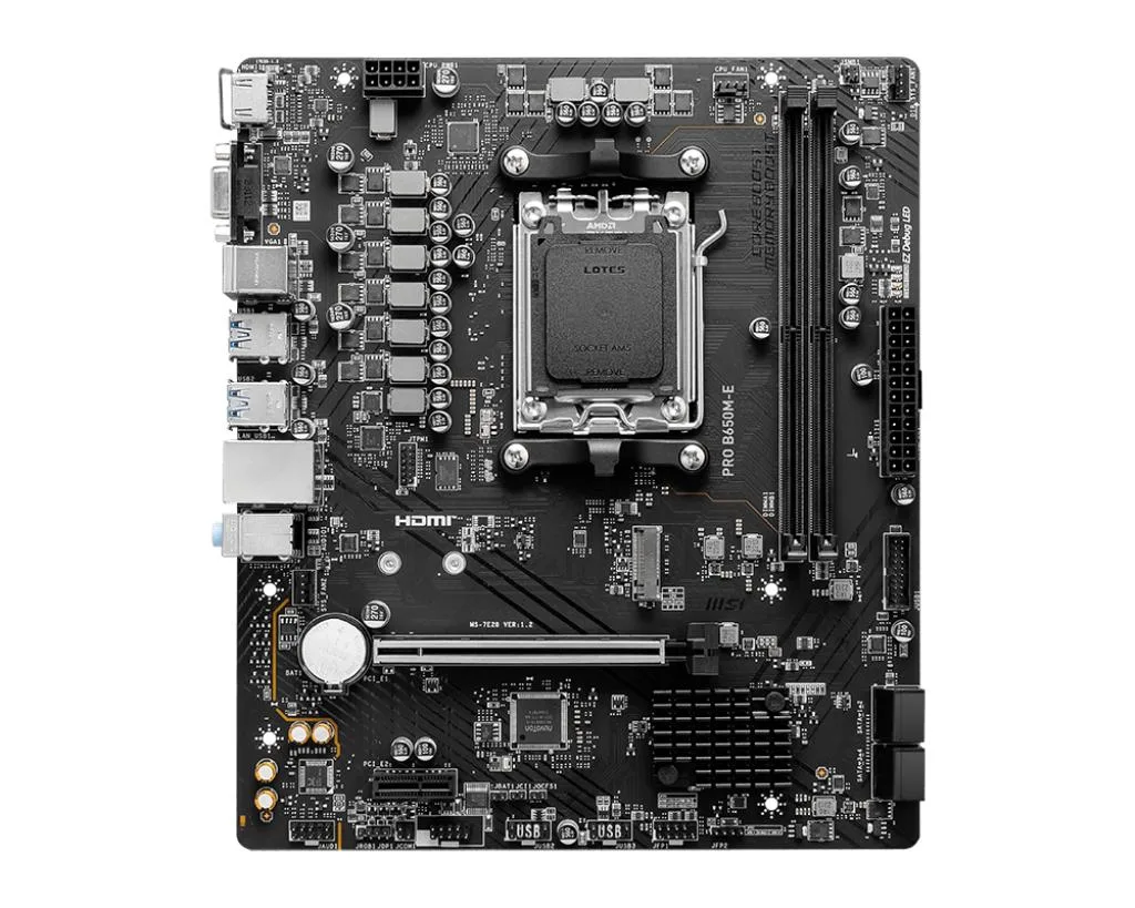 Dark green micro-ATX motherboard with silver AM5 socket, four black DDR5 slots