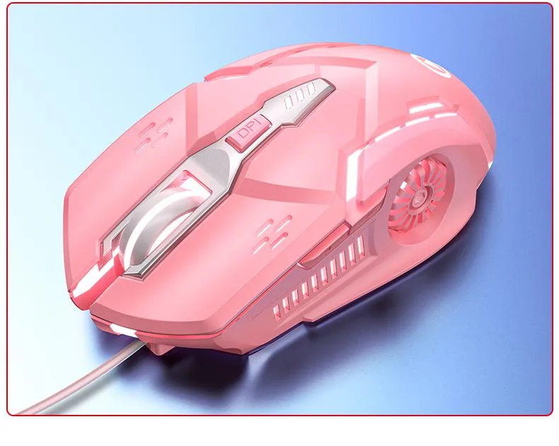 Pink wired gaming mouse with ergonomic shape, matte finish and RGB light strip