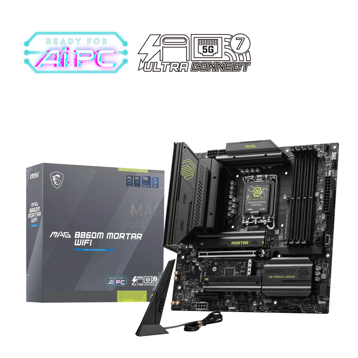 Dark grey micro-ATX board with silver heatsinks and black slots