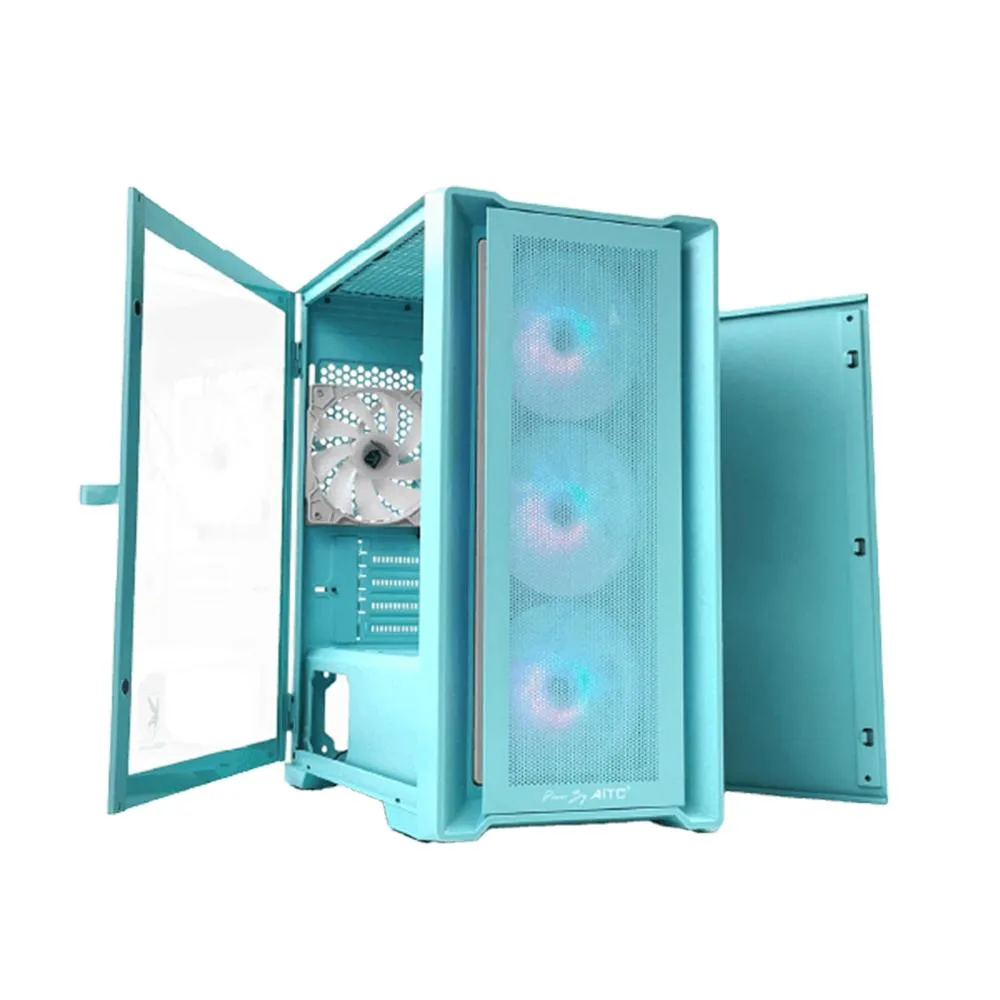 Compact blue Micro-ATX tower with fine mesh front, side tempered glass panel and four ARGB fans