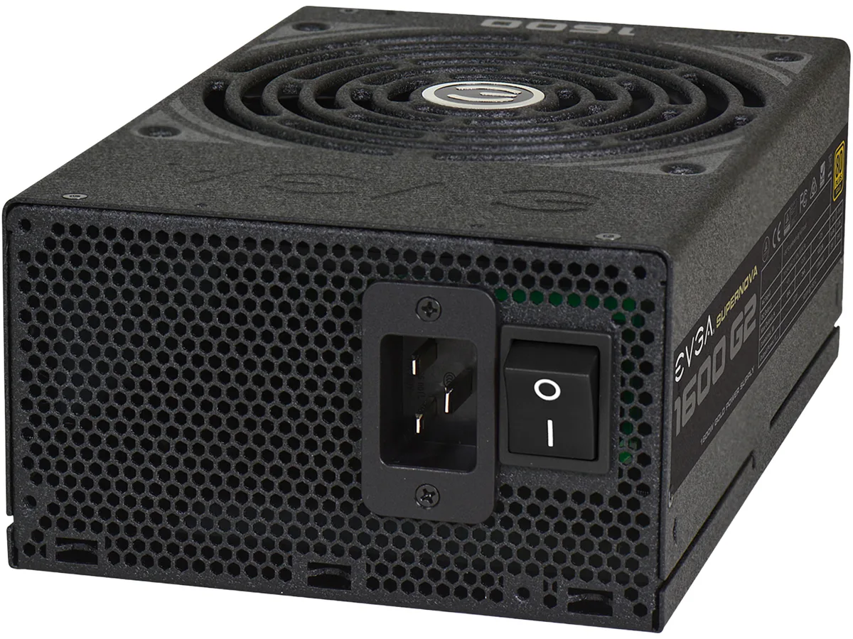 Rectangular black metal ATX power supply unit with 140mm fan grille and modular cable sockets