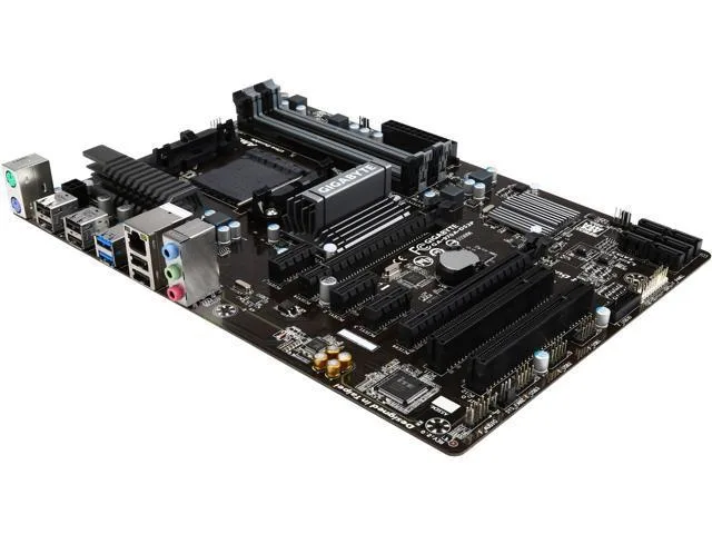 ATX motherboard with black PCB, blue slots, silver heatsinks