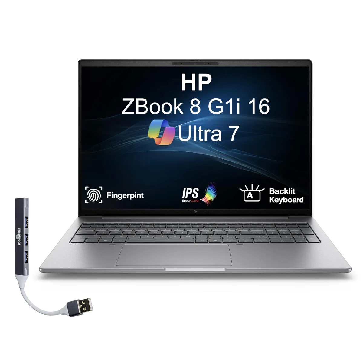 Silver 16-inch laptop with backlit keyboard and fingerprint reader, shown open on a flat surface