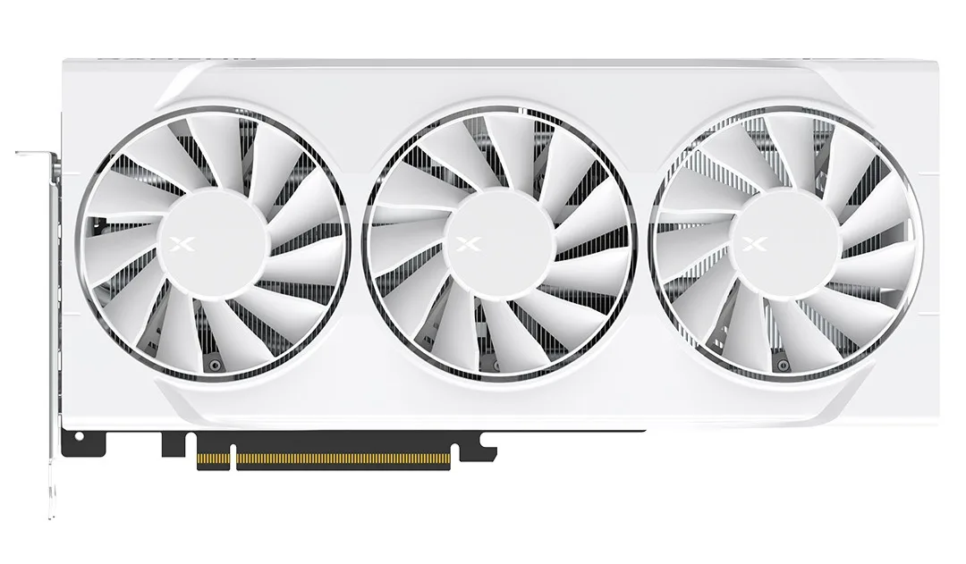 White graphics card with triple fans, 301 mm long, two-slot design