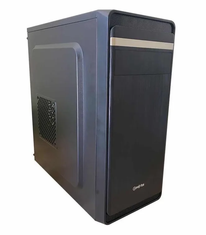 Black mid-tower PC case with front USB and audio ports, no side window