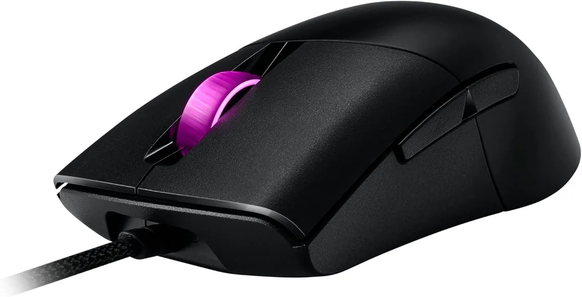 Black lightweight gaming mouse with paracord cable and PTFE feet