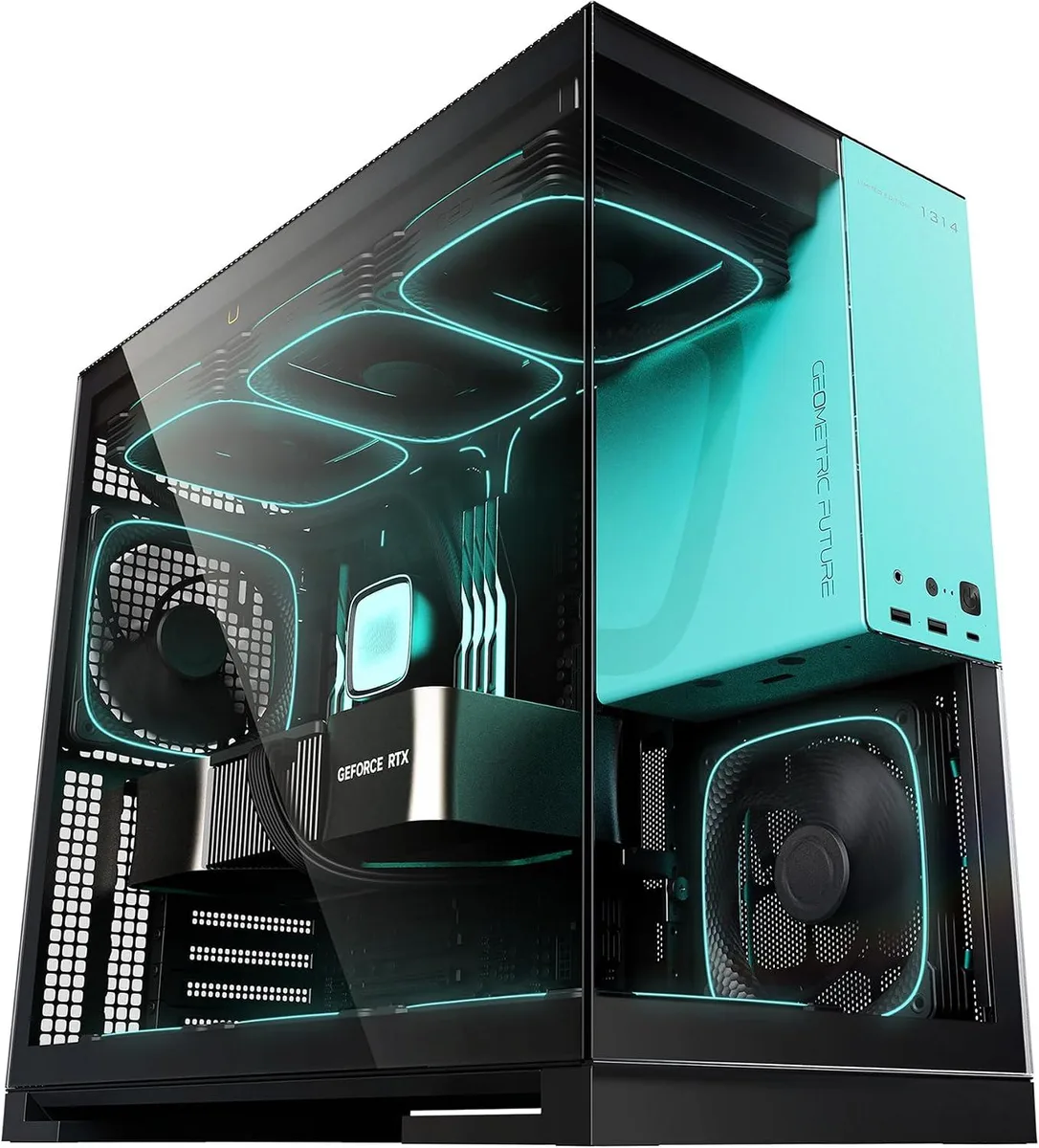 Blue-tinted tempered glass mid-tower case with five pre-installed 140mm ARGB fans visible behind front mesh